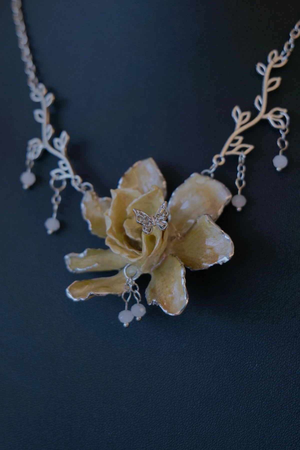ELOISE — Gardenia Silver Bead Dangle Charm Necklace by Terra Decode — product photograph 1 showing the handmade necklace and botanical details.