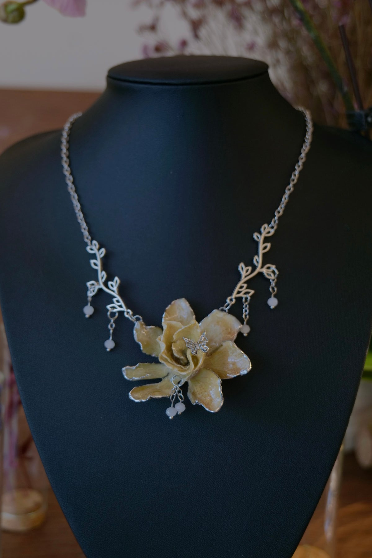 ELOISE — Gardenia Silver Bead Dangle Charm Necklace by Terra Decode — product photograph 2 showing the handmade necklace and botanical details.