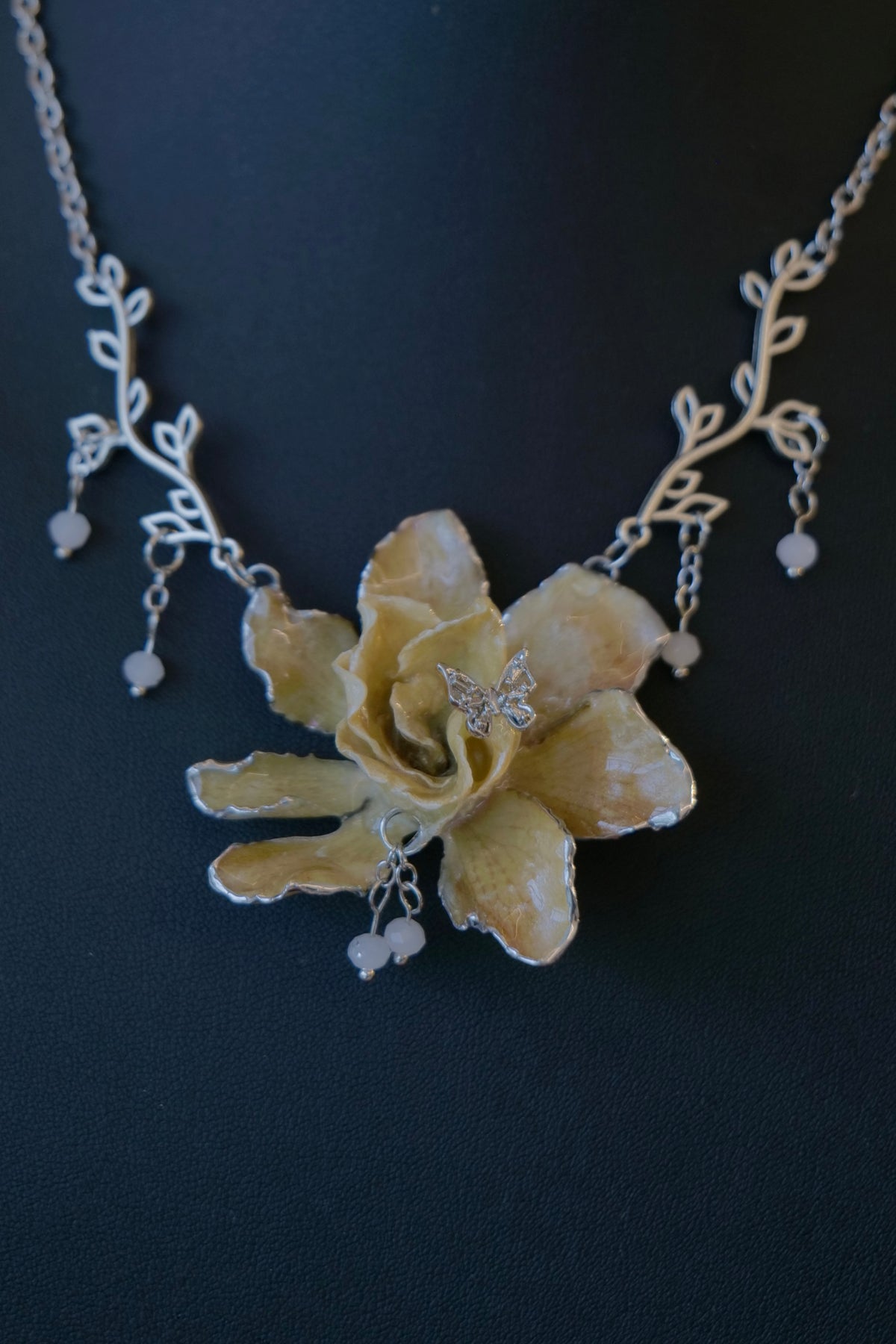 ELOISE — Gardenia Silver Bead Dangle Charm Necklace by Terra Decode — product photograph 3 showing the handmade necklace and botanical details.