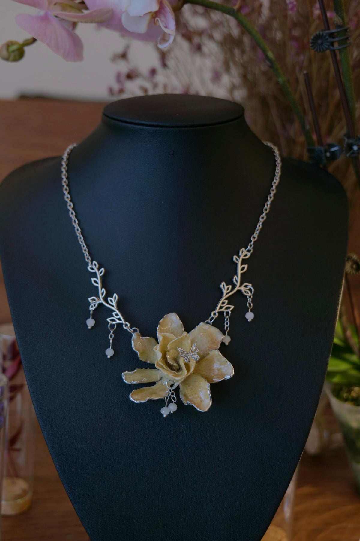 ELOISE — Gardenia Silver Bead Dangle Charm Necklace by Terra Decode — product photograph 4 showing the handmade necklace and botanical details.
