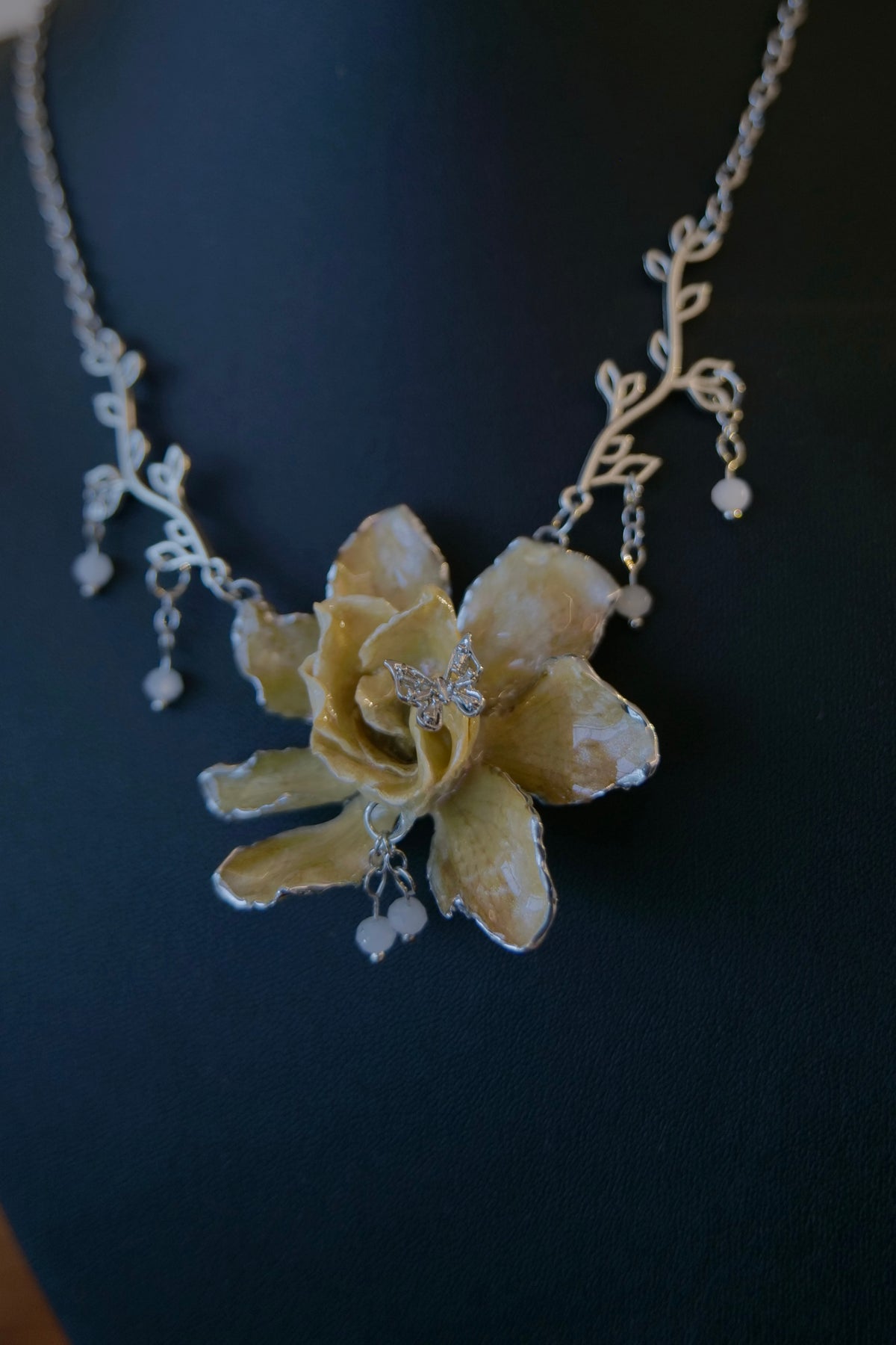 ELOISE — Gardenia Silver Bead Dangle Charm Necklace by Terra Decode — product photograph 5 showing the handmade necklace and botanical details.
