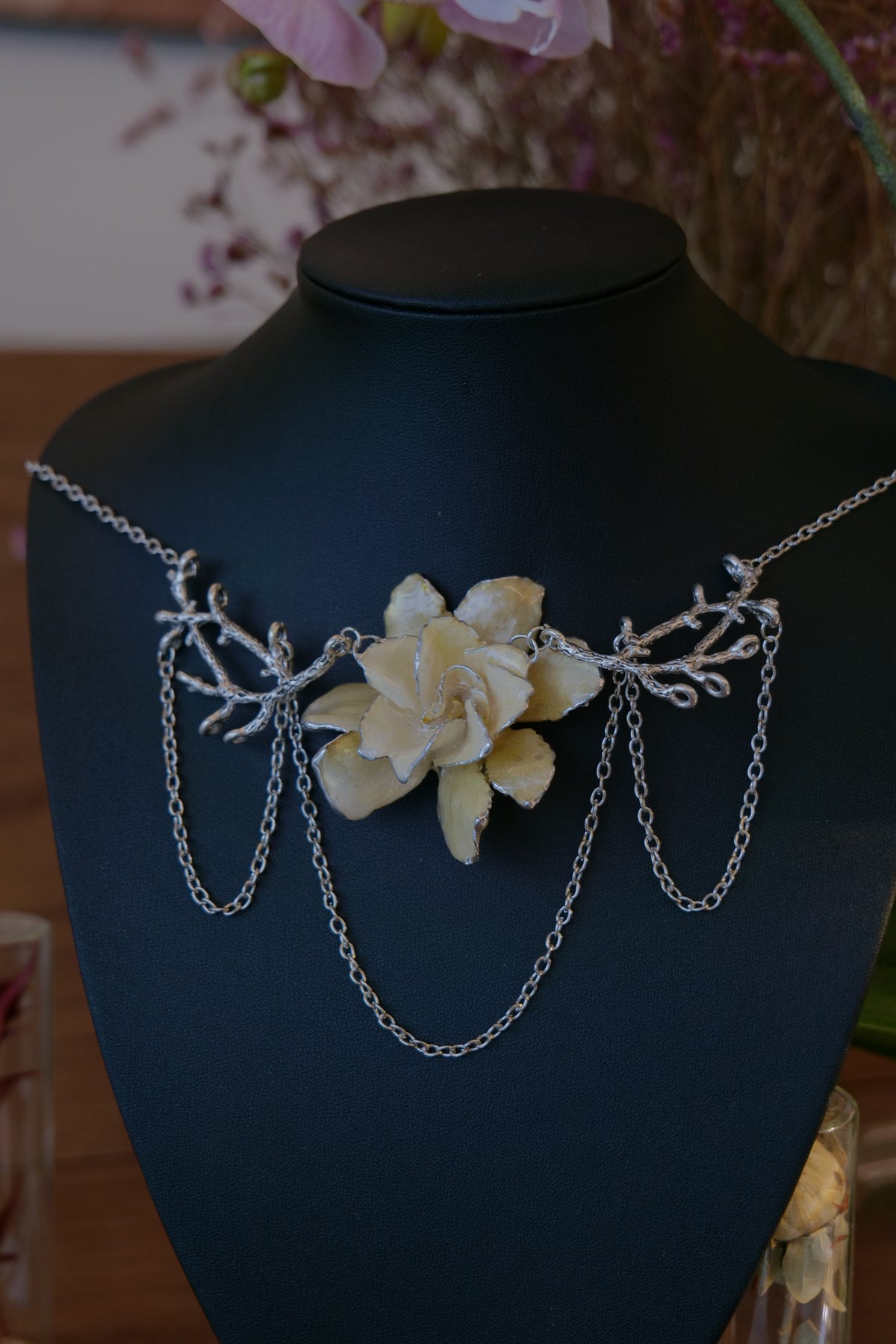 SILVERWILLOW — Gardenia Branch Drop Silver Chain Necklace by Terra Decode — product photograph 1 showing the handmade necklace and botanical details.
