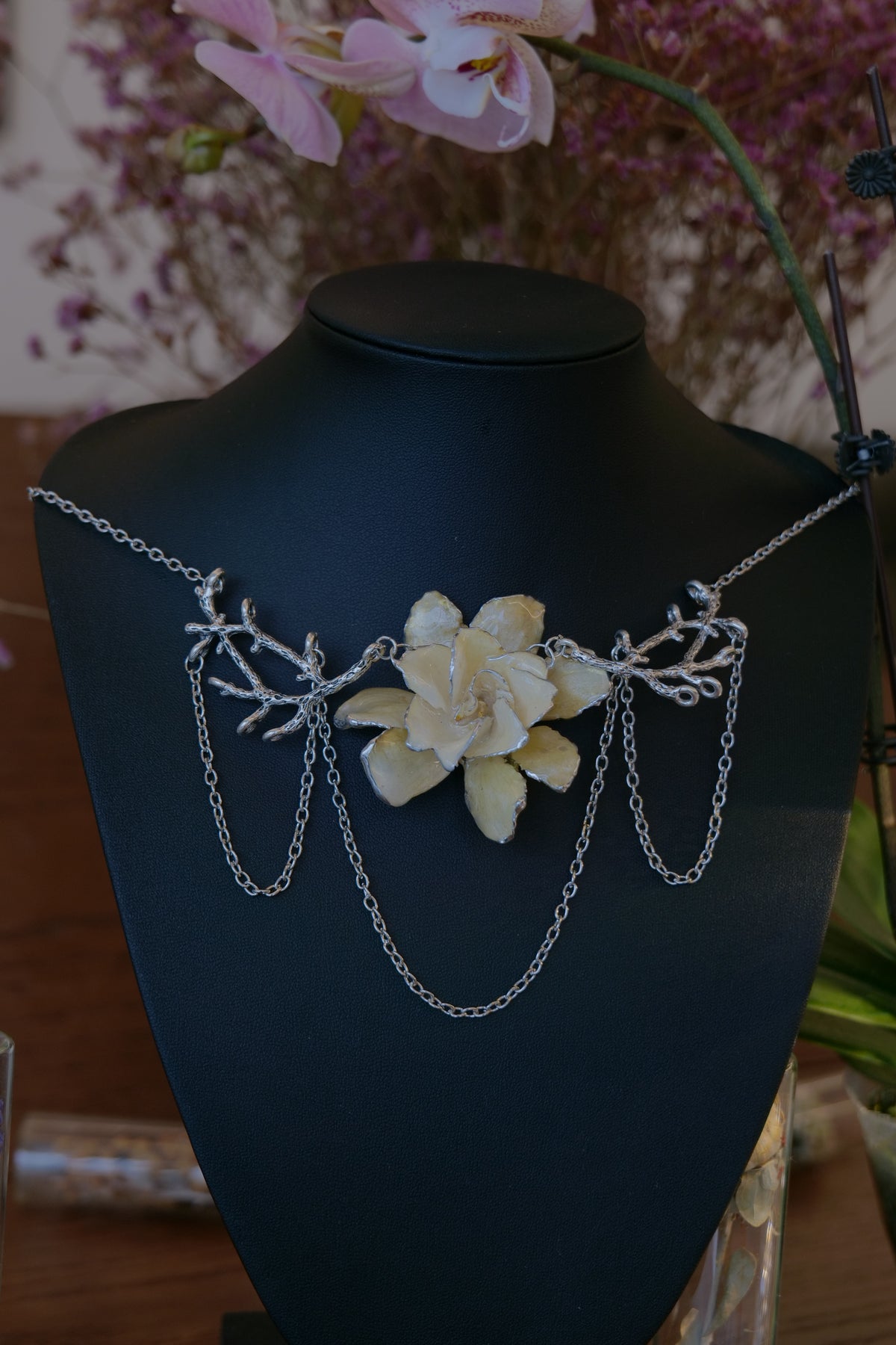 SILVERWILLOW — Gardenia Branch Drop Silver Chain Necklace by Terra Decode — product photograph 2 showing the handmade necklace and botanical details.