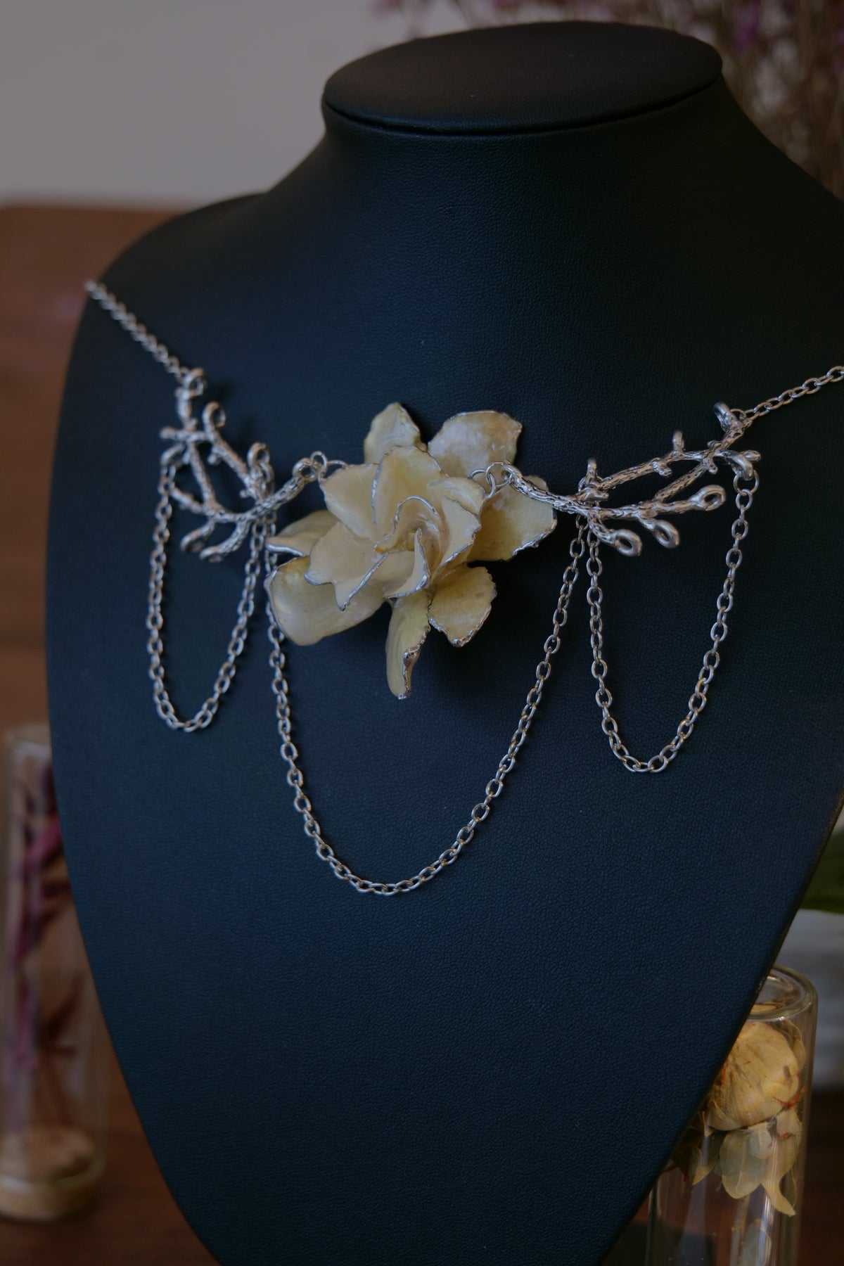 SILVERWILLOW — Gardenia Branch Drop Silver Chain Necklace by Terra Decode — product photograph 3 showing the handmade necklace and botanical details.
