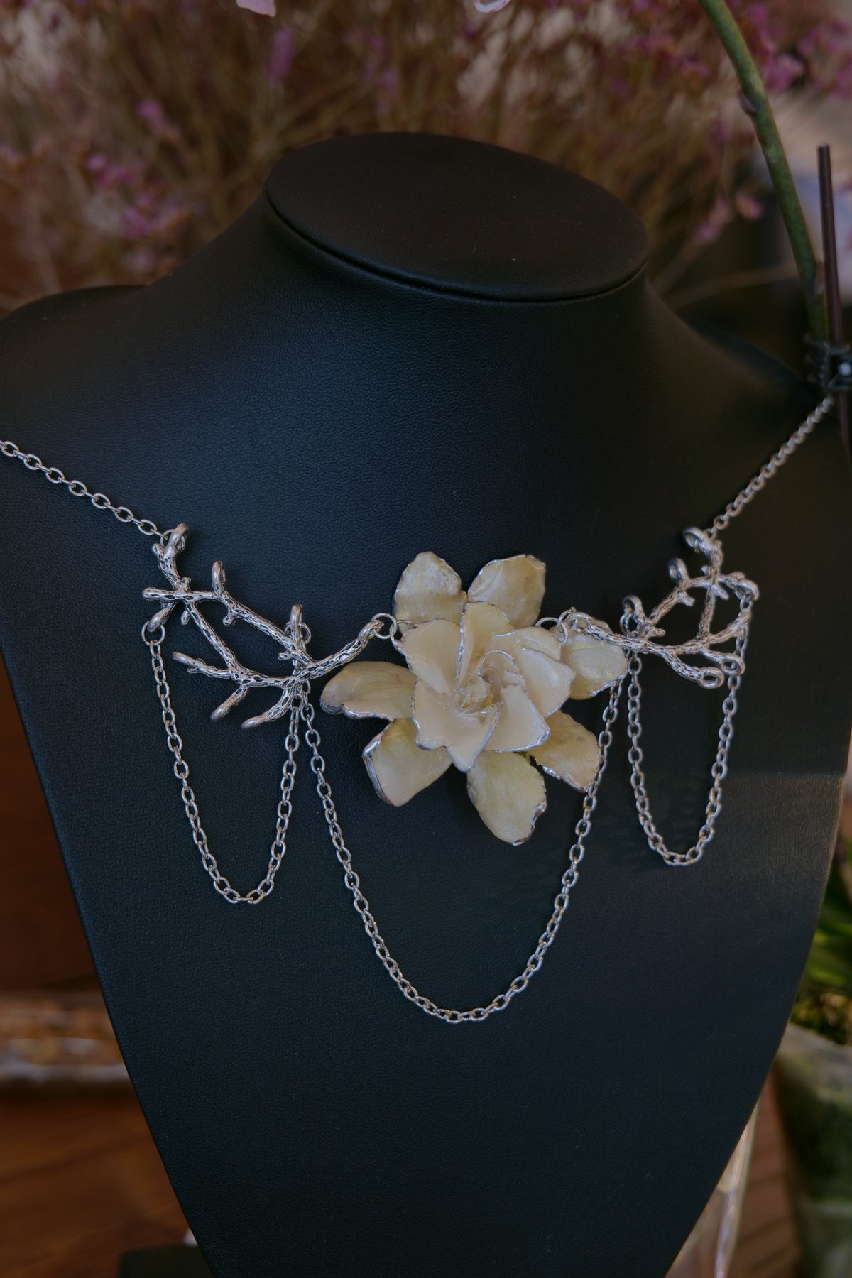 SILVERWILLOW — Gardenia Branch Drop Silver Chain Necklace by Terra Decode — product photograph 4 showing the handmade necklace and botanical details.