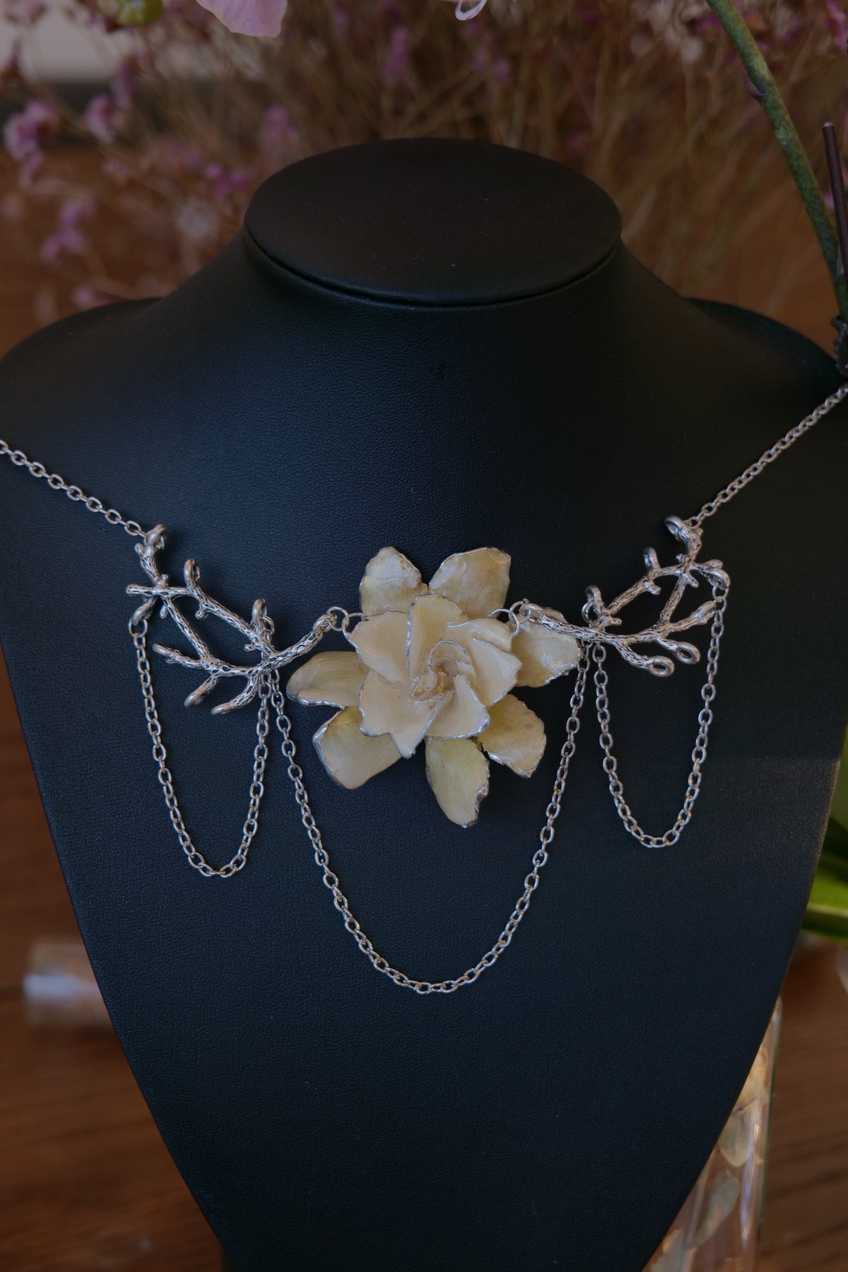 SILVERWILLOW — Gardenia Branch Drop Silver Chain Necklace by Terra Decode — product photograph 5 showing the handmade necklace and botanical details.