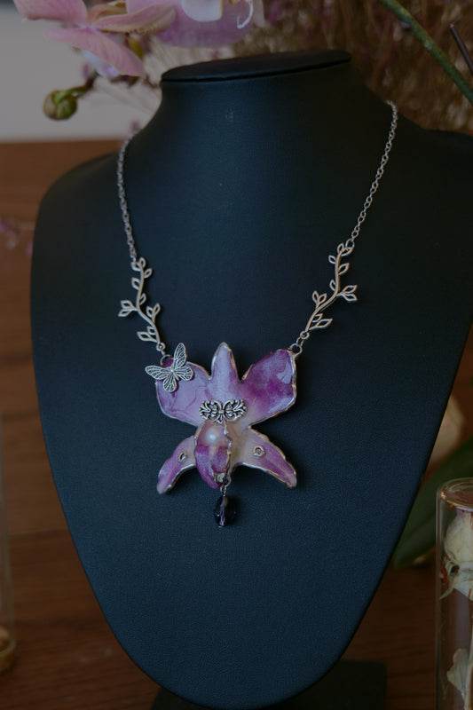 VIOLETTE — Purple Dendrobium Butterfly Branch Pendant Necklace by Terra Decode — product photograph 1 showing the handmade necklace and botanical details.