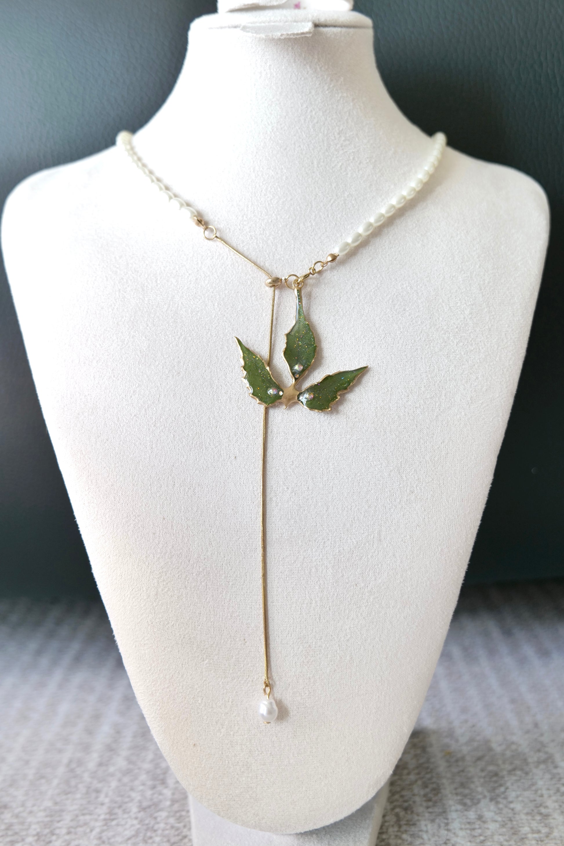 Close-up of preserved Boston ivy leaf texture in clear resin