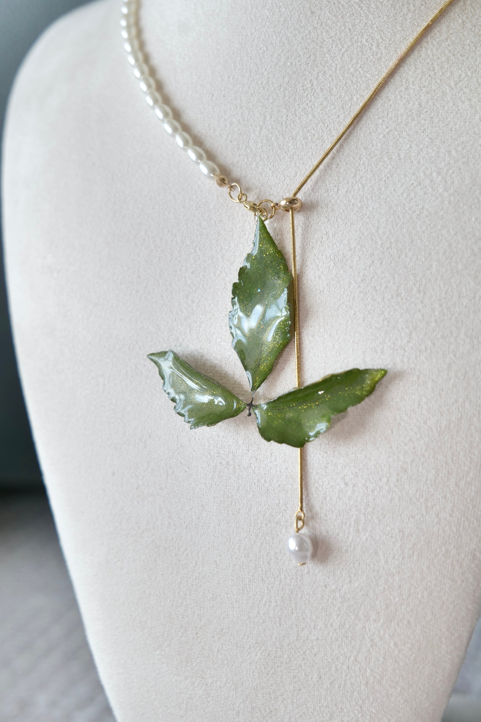 Leaf texture detail of Boston ivy suspended in clear resin