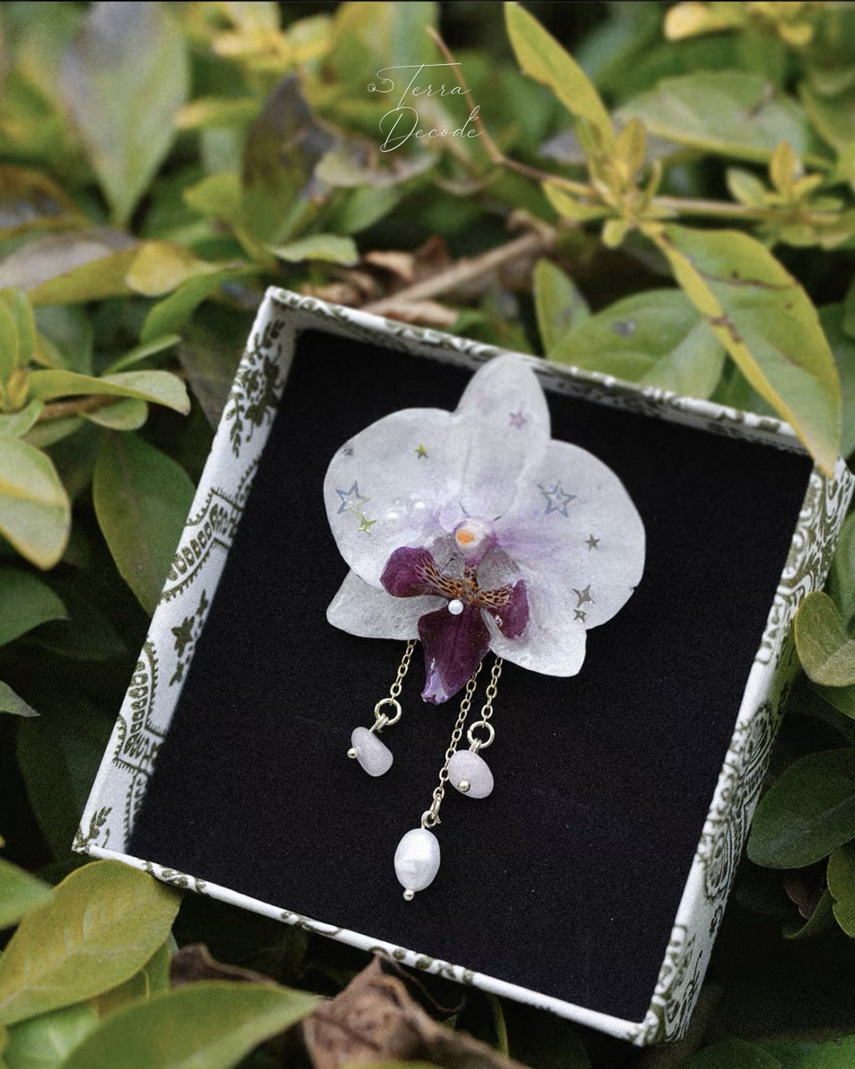 White pearl detail orchid brooch with resin petals displayed in a presentation box by Terra Decode