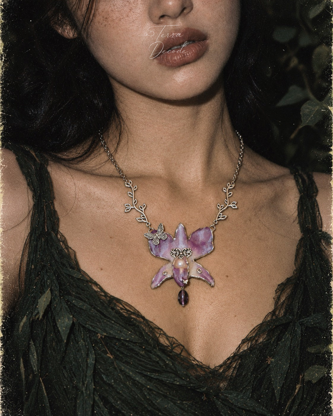 VIOLETTE Purple Dendrobium Butterfly Branch Pendant Necklace worn by a model | Terra Decode