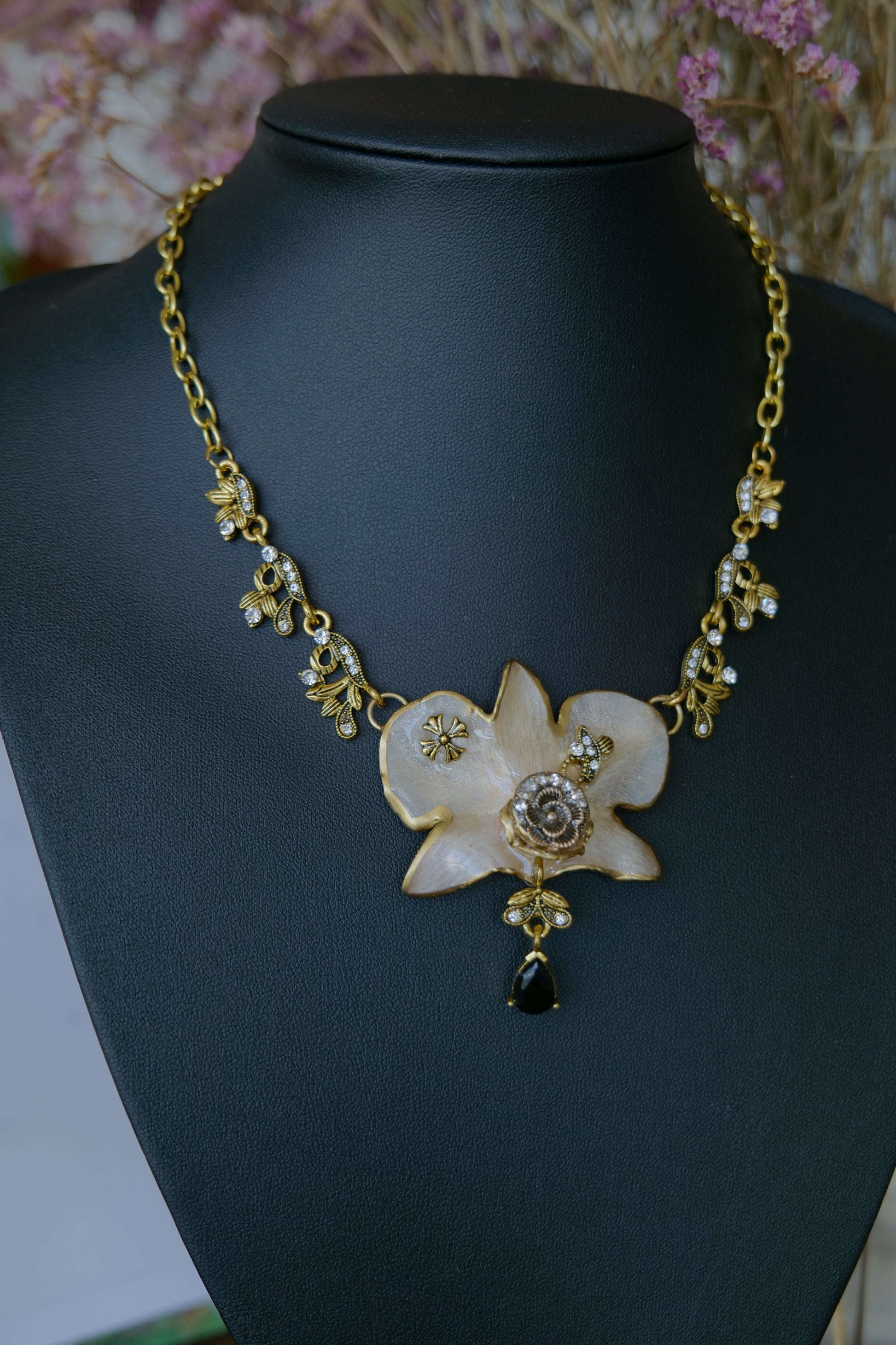 Close-up of the real preserved white Dendrobium orchid centrepiece