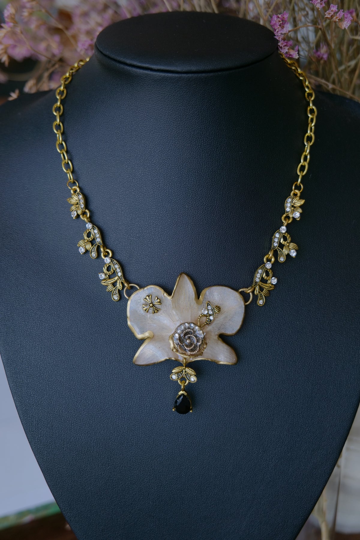 Full view of the one-of-a-kind white Dendrobium Victorian statement necklace